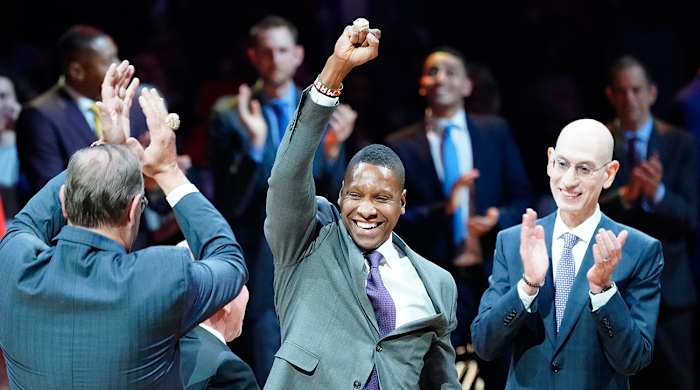 Masai Ujiri accepting his 2019 championship ring